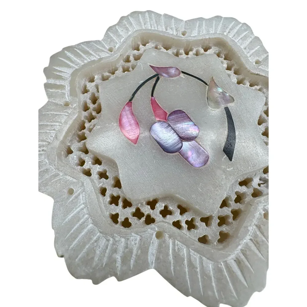 Vintage Carved Stone Trinket Box Mother of Pearl Floral Inlay Trinket Box